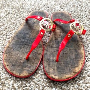 Michael Kors Red and Gold Cork Flip Flops
